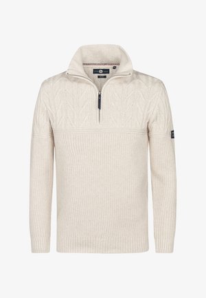 Kreemi värvi kampsun, millel on pool-kinnituskaelus, tekstuuriga nöörkudumine ülemises osas ning ribakudumist varrukate ja ääre juures.