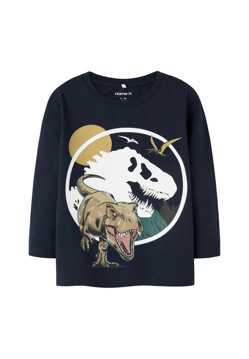 T-shirt a maniche lunghe di colore blu navy con grafica di un dinosauro, silhouette di un teschio bianco e dettagli dorati, realizzato in morbido cotone.