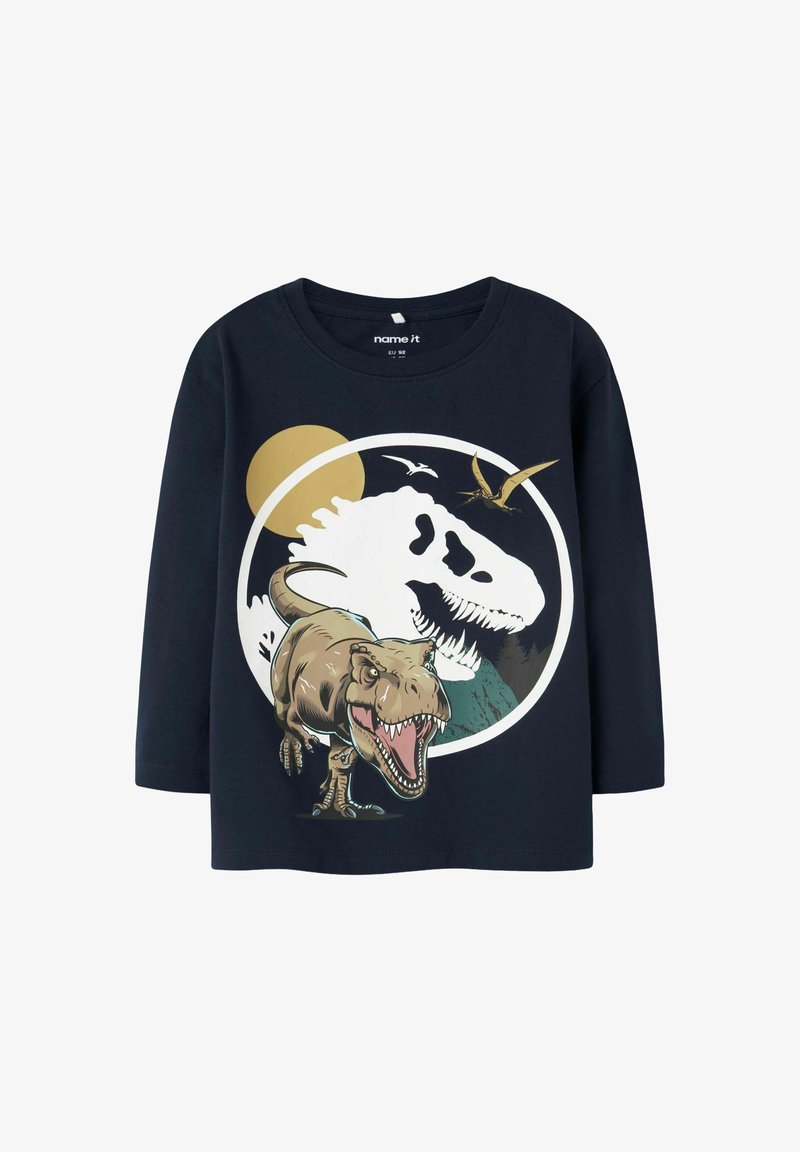 T-shirt a maniche lunghe di colore blu navy con grafica di un dinosauro, silhouette di un teschio bianco e dettagli dorati, realizzato in morbido cotone.