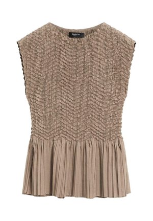 Beżowa bluzka bez rękawów z marszczoną fakturą na górze i plisowaną dolną częścią, z okrągłym dekoltem i metką Massimo Dutti.