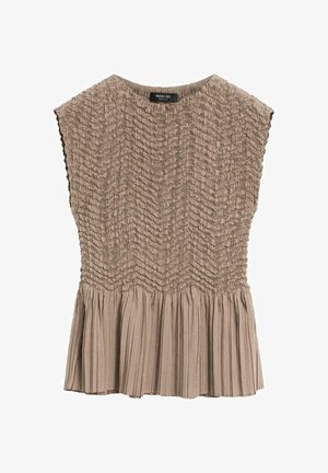 Beżowa bluzka bez rękawów z marszczoną fakturą na górze i plisowaną dolną częścią, z okrągłym dekoltem i metką Massimo Dutti.