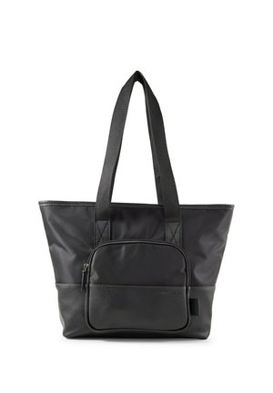 Borsa tote nera con manici lunghi in tessuto, una tasca frontale con zip e un pannello inferiore testurizzato, mostrata su sfondo bianco.