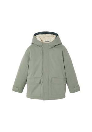 Grüne Outdoor-Jacke mit einer mit Fell gefütterten Kapuze, zwei Fronttaschen und einem Reißverschluss. Hergestellt aus wasserabweisendem Material.
