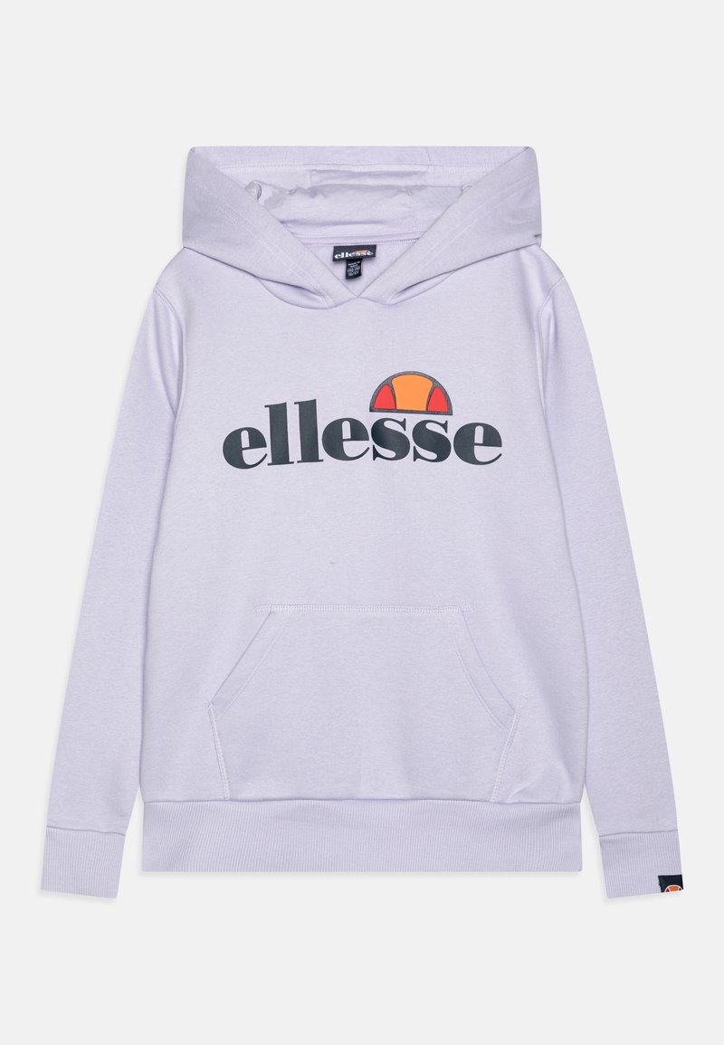 Sweat à capuche violet clair avec une poche frontale, des poignets et un ourlet côtelés. Présente un grand logo imprimé en noir avec un accent orange et rouge au-dessus.