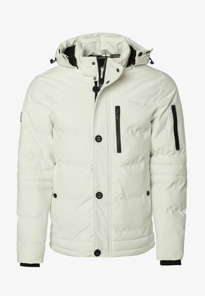 Chaqueta acolchada blanca con capucha desmontable, bolsillos con cremallera negra y cierres de botón. Tejido texturizado con diseño acolchado para mayor aislamiento.