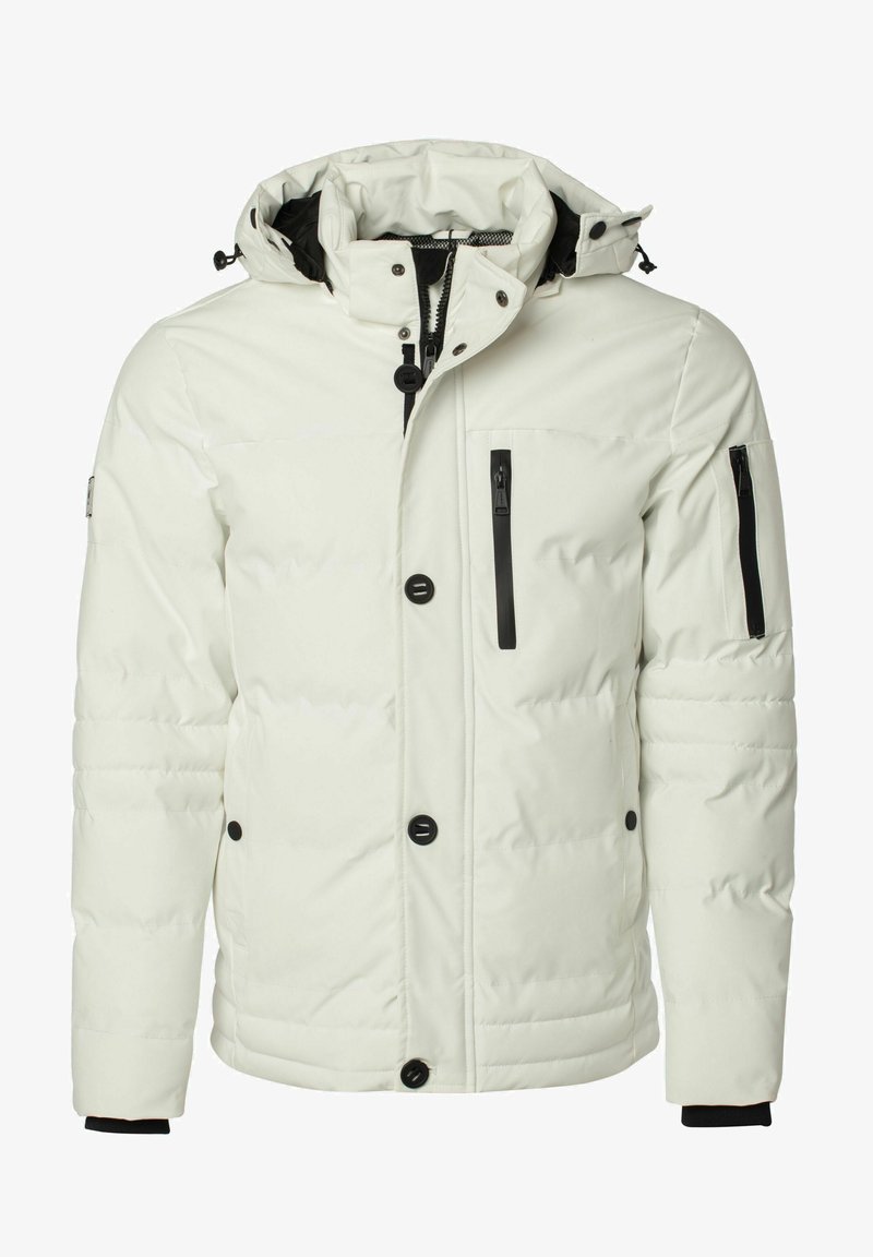 Weißer Pufferjacke mit abnehmbarem Kapuze, schwarzen Reißverschlusstaschen und Knopfverschlüssen. Strukturiertes Gewebe mit gestepptem Design für Isolierung.