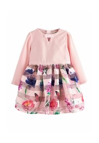Rosa Langarmkleid mit festem Oberteil und einem Tüllrock mit Blumenmuster, der Schmetterlinge und verschiedene Blumendesigns zeigt.