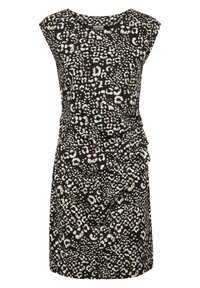 Robe noire avec un imprimé léopard beige et blanc, dotée d'un décolleté en forme de cœur et de fronces sur le côté pour plus de texture et de détails.