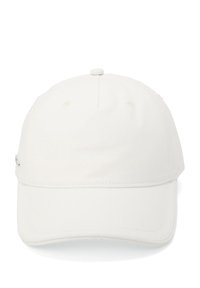 White cotton baseball cap with a curved brim, featuring ventilation holes and a small metal accent on the side. Smooth texture.