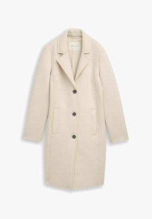 Beiger langer Mantel mit Reverskragen, drei schwarzen Knöpfen, zwei Vordertaschen und langen Ärmeln, flach liegend präsentiert.