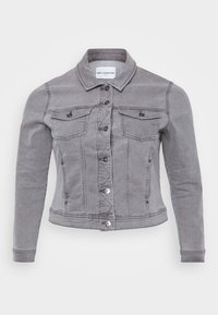 Šedá džínová bunda s límečkem, zapínáním na knoflíky, dvěma náprsními kapsami a nastavitelnými manžetami s jemnými švy.