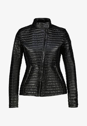Black quilted jacket with a high collar, long sleeves, and zippered front. Features two side pockets and smooth, shiny fabric texture.