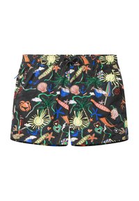 Short de bain noir avec des motifs tropicaux colorés comprenant des palmiers, le soleil, des étoiles de mer, des coquillages, des crabes, des planches de surf, des cœurs et des ancres.