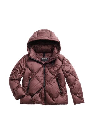 Maroon puffer jacket with a hood, quilted design, front zip, and two zippered side pockets; made of shiny, smooth fabric.