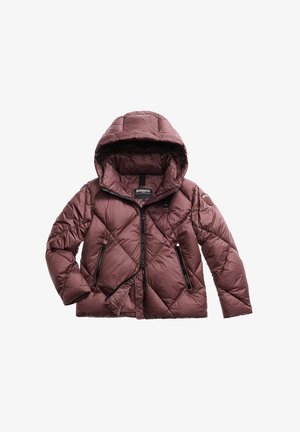 Maroon puffer jacket with a hood, quilted design, front zip, and two zippered side pockets; made of shiny, smooth fabric.