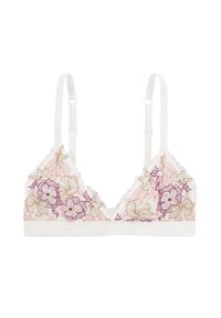 Bralette floral blanc avec des bords festonnés, comportant des fleurs brodées roses et violettes, des bretelles ajustables et une bande en tissu doux.