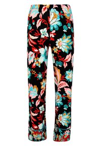 Zwarte bloemenbroek met een mix van turkooise, roze en oranje bloemen, voorzien van een rechte snit en een comfortabele tailleband.