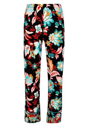 Zwarte bloemenbroek met een mix van turkooise, roze en oranje bloemen, voorzien van een rechte snit en een comfortabele tailleband.