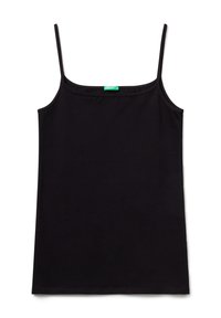 Top senza maniche nero realizzato in morbido cotone, caratterizzato da spalline sottili e un collo arrotondato. Include un piccolo etichetta del marchio verde nella parte superiore.
