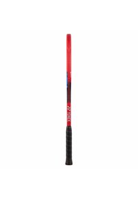 Red badminton racket with a black textured grip, featuring blue and black accents along the shaft. Lightweight design for enhanced performance.