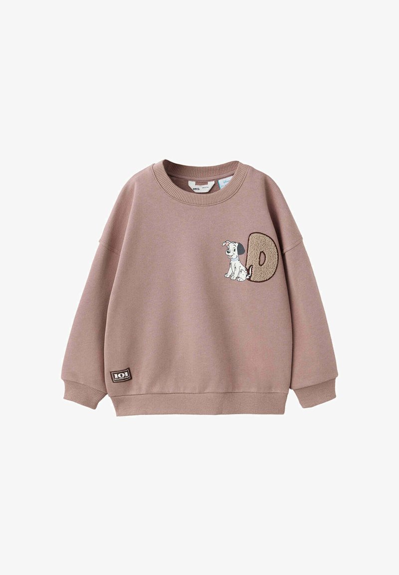 Sweat-shirt marron clair avec un chiot dalmatien dessin animé à côté d'une lettre texturée "D" sur la poitrine et un petit patch "101 Dalmatians" près de l'ourlet.