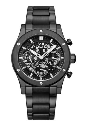 Montre en acier inoxydable noir avec un cadran squelettique, présentant des accents argentés, des sous-cadrans chronographes et une finition polie. Marque : Police.