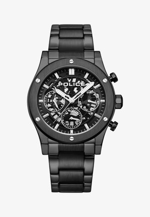Schwarze Edelstahl-Uhr mit Skelettzifferblatt, ausgestattet mit silbernen Akzenten, Chronographen-Subdials und glänzender Oberfläche. Marke: Police.