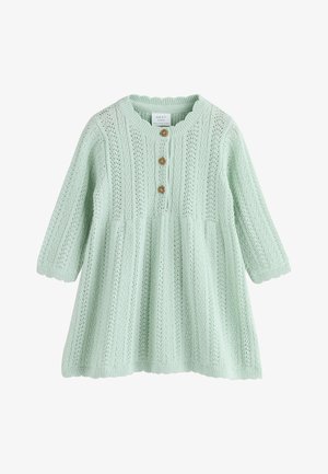 Vestitino neonato verde chiaro lavorato a maglia con maniche lunghe, scollo tondo e tre bottoni in legno sul davanti.