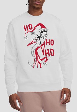 White sweatshirt featuring a graphic design of Jack Skellington in a Santa hat, with "HO HO HO" in bold red text and detailed line work.