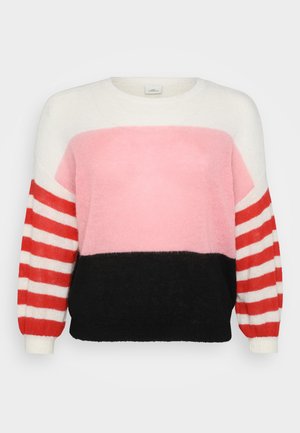 Multicolored knitted sweater with a round neckline; features a white, pink, and black pattern with red and white striped sleeves.
