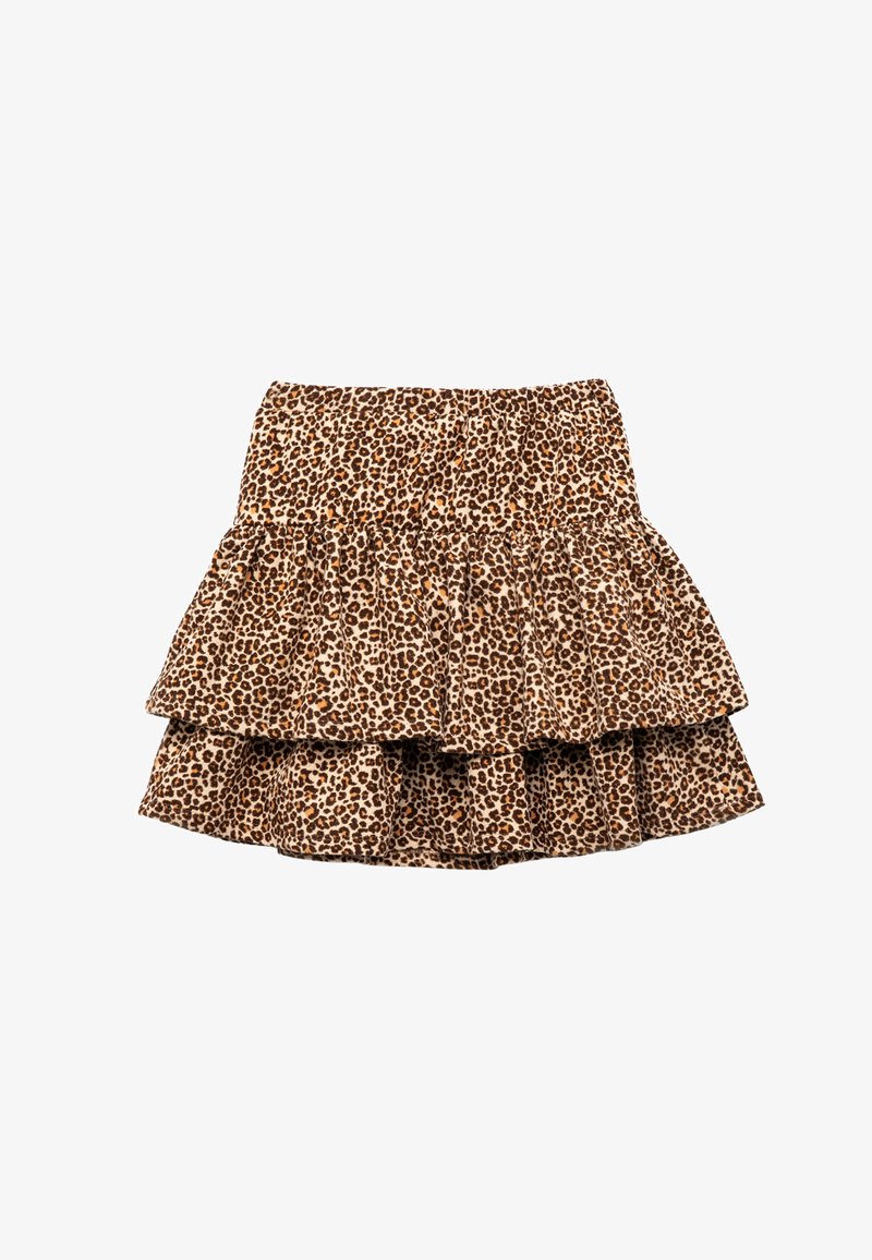 Leopardmønstret nederdel med flere volanger, elastisk talje og en beige bund med brune og orange pletter.