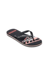 Black flip-flop with a textured footbed, black straps, and a graphic design featuring pink and white accents. Quiksilver logo displayed.