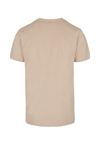 Beige cotton t-shirt, short sleeves, crew neck, smooth texture, clean design, no graphics or patterns, plain back view.
