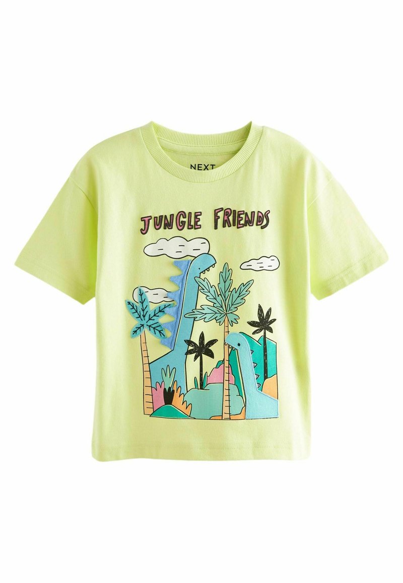 Lys grøn bomulds T-shirt med et farverigt grafisk design med dinosaurer, palmer og skyer. Teksten siger "JUNGLE FRIENDS." Korte ærmer.