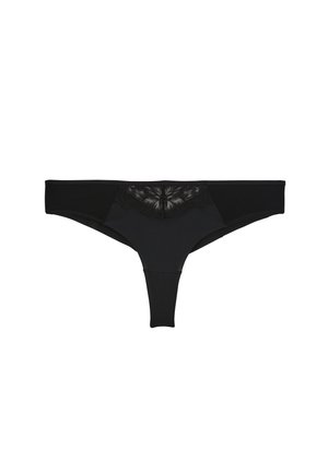 String de taille basse noir avec des détails en dentelle sur la ceinture avant, tissu lisse et fine lanière arrière.