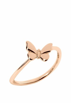 Zarter Roségoldring mit einem polierten, schmetterlingsförmigen Design, das in der Mitte eines dünnen, glatten Rings auf weißem Hintergrund liegt.