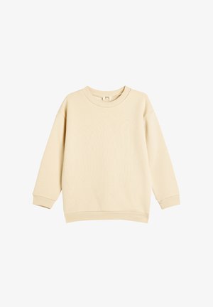 Beiger Pullover mit langen Ärmeln, geripptem Ausschnitt und Bündchen, aus weichem Material gefertigt. Verfügt über ein einfaches, nahtloses Design ohne Muster.