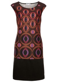 Brązowa sukienka bez rękawów z wzorzystą gór�ą, na której znajdują się nakładające się okręgi w kolorze fioletowym, pomarańczowym i czarnym; dolna część w jednolitym czarnym kolorze.