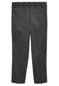Pantalons gris en mélange de laine avec une coupe droite, une taille élastique, une poche arrière avec bouton et une texture subtile.
