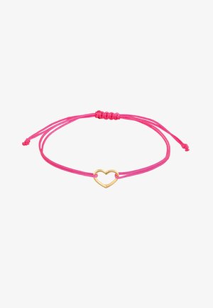 Rosa justerbar armbånd med to silkeagtige snore og et guld hjerteformet vedhæng i midten. Enkel og minimalistisk design.