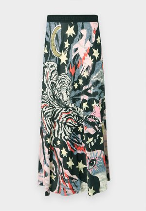 Trykt maxi-nederdel med sort baggrund og en blanding af farverige mønstre, herunder tigre, stjerner og enhjørninger i levende farver.