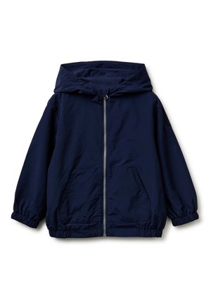 Marineblaue Kinder-Kapuzenjacke mit Frontreißverschluss, zwei großen Fronttaschen sowie elastischen Bündchen und Saum.