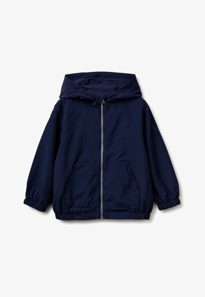 Marineblaue Kinder-Kapuzenjacke mit Frontreißverschluss, zwei großen Fronttaschen sowie elastischen Bündchen und Saum.