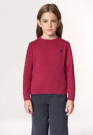 Maglione a girocollo per bambini in bordeaux, realizzato in tessuto morbido con polsini e orlo a costine, caratterizzato da un piccolo logo nero sul petto.