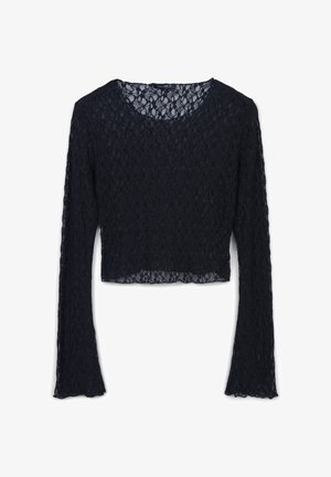 Top corto in pizzo nero con maniche lunghe, caratterizzato da un motivo a trama aperta e una scollatura rotonda, che offre un aspetto delicato e testurizzato.
