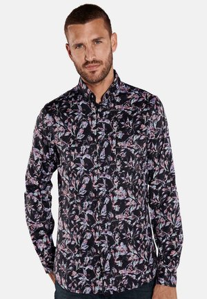 Schwarze Button-Down-Hemd mit einem floralen Muster in Pink-, Blau- und Grüntönen, mit einer strukturierten Oberfläche und einem kontrastierenden Kragen-Design.