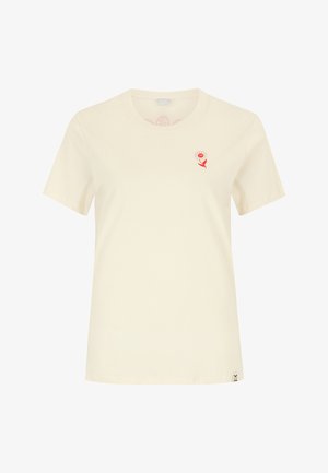 Cream-colored short-sleeve T-shirt with a small red and white flower graphic on the left chest and a small tag at the bottom hem.