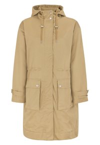 Khaki parka kabát s kapucňou, sťahovacou šnúrkou, dvoma prednými vreckami na patentky a nastaviteľnými manžetami. Hladká tkanina s rovný siluetou.