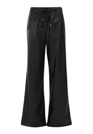 Pantaloni larghi in ecopelle nera con vita elastica, chiusura con coulisse e tasche laterali, caratterizzati da una finitura liscia e lucida.