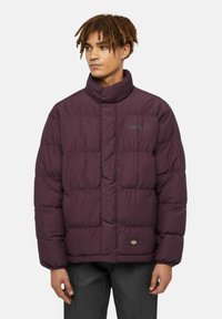 Giacca a vento bordeaux con collo alto, forma quadrata e texture trapuntata. Presenta il logo sul petto e un'etichetta laterale. Finitura opaca.